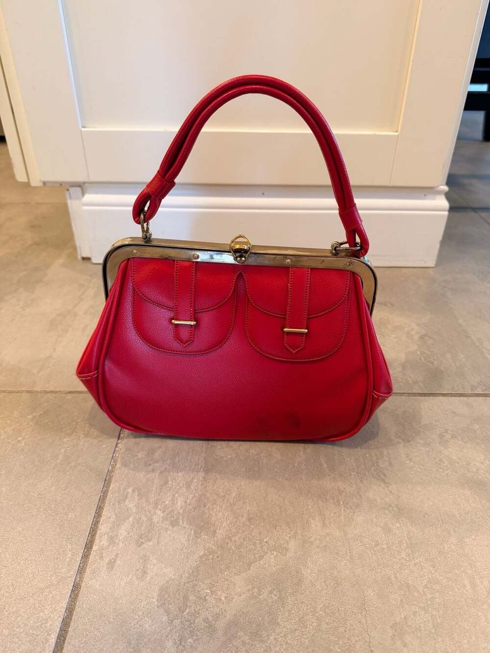 Vintage Celestial by Markay Red Faux Leather Frame Handbag with Gold Hardware